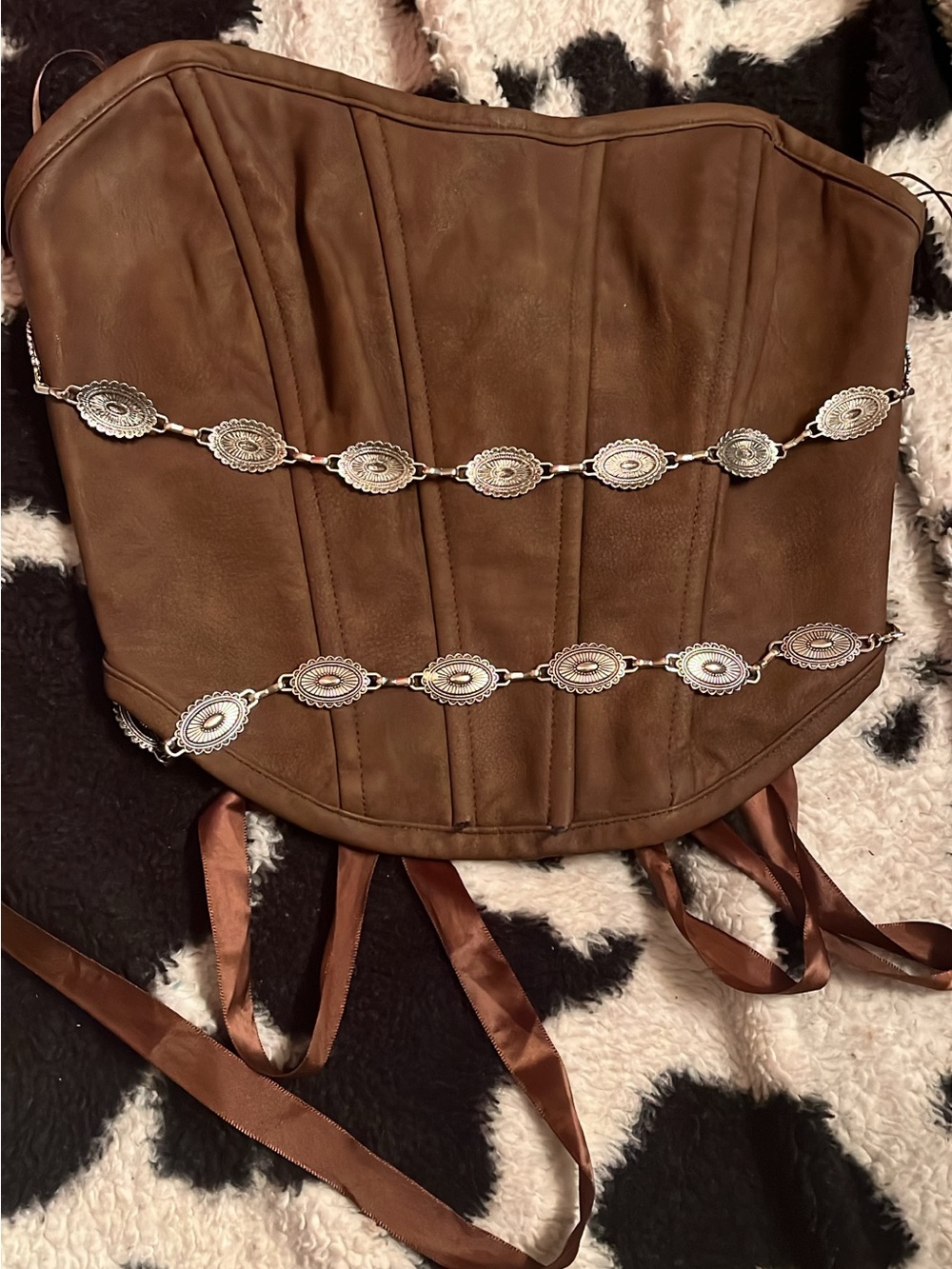 Brown Leather Corset Top with Silver Concho Chains